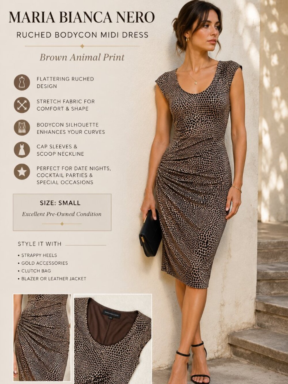 Maria Bianca Nero Ruched Bodycon Midi Dress Brown Animal Print S Evening Party